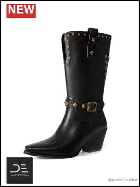 Women's Wide Calf Square Toe Cowboy Boots Faux Leather Low Chunky Heel Mid-Calf